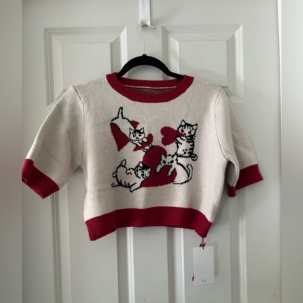 NWT Cider CAT & HEART KNIT SHORT SLEEVE Cropped Sweater TOP Red & Cream XL